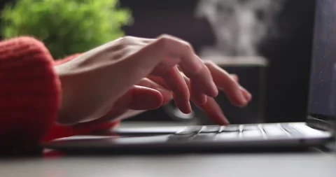 Close-up of hands typing on a laptop keyboard with a blurred green plant in the Stock Footage 339072373