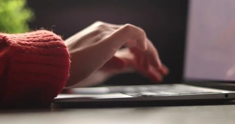 Close-up of hands typing on a laptop keyboard in a cozy, warm environment Stock Footage 339073820