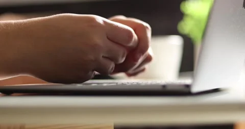 Close-up of hands typing on a laptop keyboard with soft natural light Stock Footage 339075556