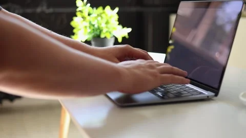 Close-up of hands typing on a laptop keyboard in a bright, modern workspace Stockbeeldmateriaal 342280440