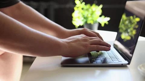 Close-up of hands typing on a laptop keyboard with a plant in the background Stock Footage 342280453
