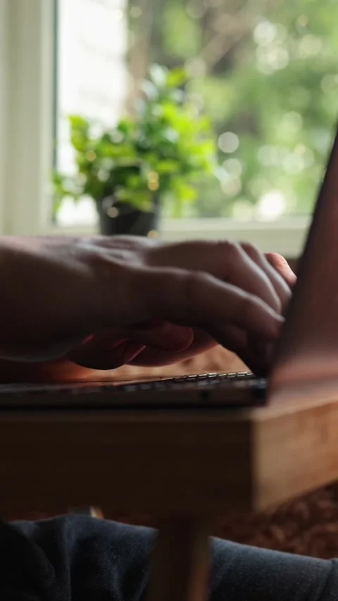 Close-up of hands typing on a laptop keyboard with a plant in the background Stock-Footage 343838137