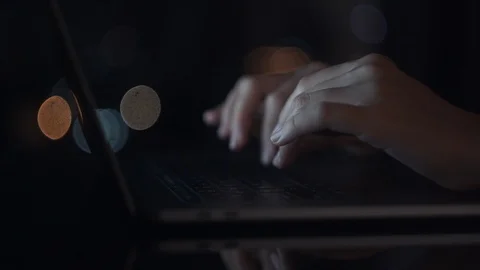Close Up of Hands Typing On the Laptop In the Late Dark Night. 4K Stock Footage 120351572