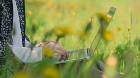 Close-up hands typing on a laptop in the summer park. Vídeo Stock 276418939