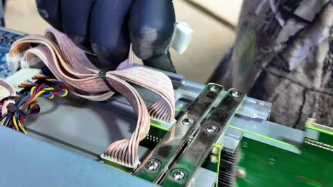 Close-up of hands unplugging a crypto mining rig and removing memory or crypto Stock Footage 323991997