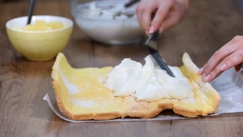 Close up hands of unrecognizable confectioner spreading cream on sponge cake Stock Footage 102312019