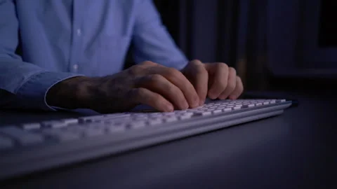 Close-up hands of unrecognizable man writing message to social network on Video stock 146314693