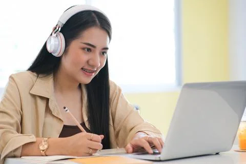 Close up hands using computer laptop mockup. Stock Photos