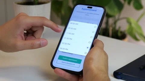 Close-up of hands using a healthcare app to schedule a doctors visit selecting a 스톡 동영상 315090990