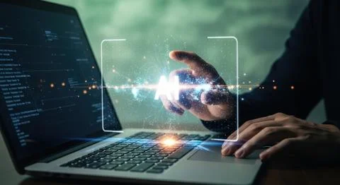 Close-up of hands using a laptop with futuristic digital interface and glow.. Illustration