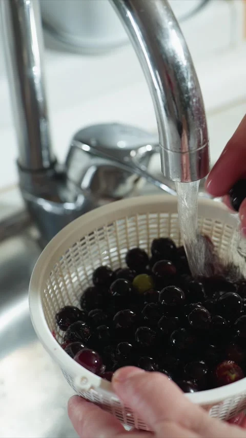 Close up of hands washing dark red cherries and grapes in white colander under Stock Footage 344424171