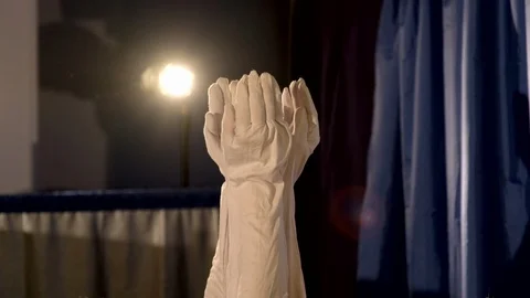 Close-up of hands in white gloves imitating something Video stock 113815874