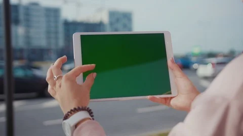 Close up hands woman using touch tablet device computer with green screen Stock Footage 116458065