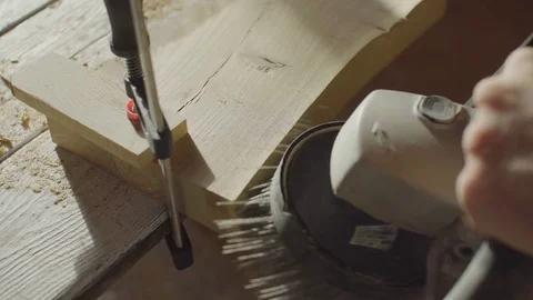 Close up hands of woodworker carpenter using brashing scribing machine Stock Footage 76093517