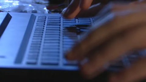 Close-up of Hands Working on Computer at Night, Moody Blue Light. Stock Footage 326352618