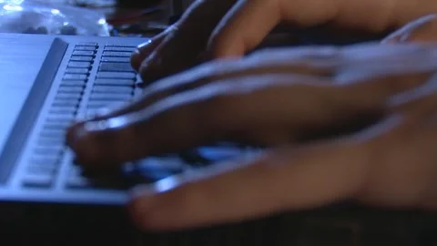 Close-up of Hands Working on Computer at Night, Moody Blue Light. Stock Footage 326352619