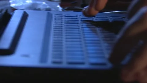 Close-up of Hands Working on Computer at Night, Moody Blue Light. Travelling Stock Footage 326352620