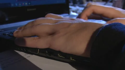 Close-up of Hands Working on Computer at Night, Moody Blue Light Stock Footage 326352626