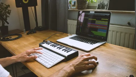 Close Up Of Hands Working In A Home Studio With Music Production Software In 4K Stock Footage 109218327