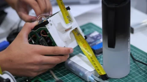 Close-up of hands working on small electronic device 库存影片 345037863