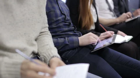 Close up hands working on tablet computer on meeting Stock Footage 59852103