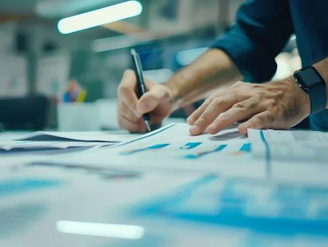 Close-up of hands writing on documents with graphs, charts, and data. Profess Stock Photos