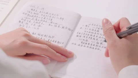Close-up of Hands Writing Notes in Open Notebook with Pen Stockbeeldmateriaal 334848031