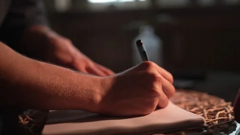 Close-Up of Hands Writing with a Pen in a Notebook Stockbeeldmateriaal 337737088
