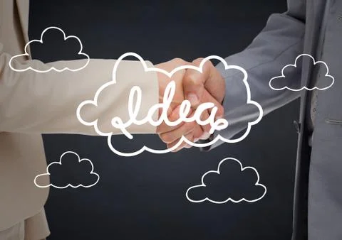 Close up of handshake behind white idea doodles and against navy background Stock Photos