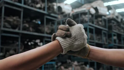 Close up of Handshake two workers in factory, Slow motion. Stock Footage 156384148