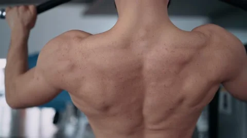 Close-up of the handsome bodybuilder pumping his back muscles into the gym Stock Footage 156697851