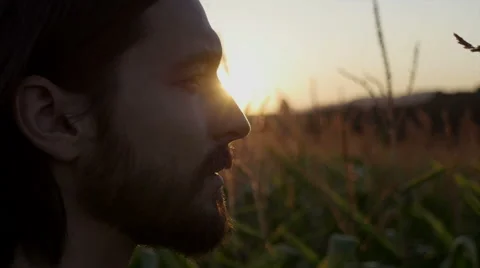 Close up of handsome man with beard with nature landscape in sunset/sunrise. 動画素材 54231176