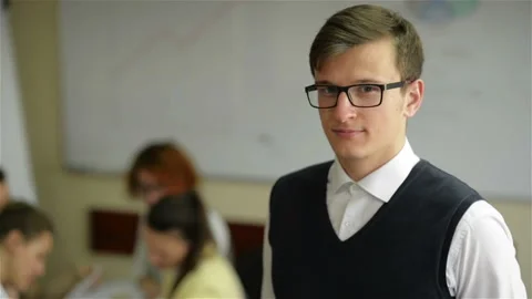 Close up of handsome young worker wearing eyeglasses and flannel shirt in small  Stock Footage 110818261