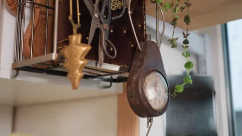 Close Up of Hanging Vintage Kitchen Scale with Plants and Scissors Stock Footage 307121097