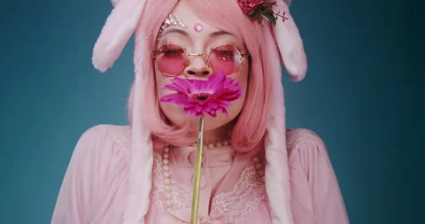 Close up of happy pink cute candy anime girl with rabbit ears and pink Stock Footage 157390583
