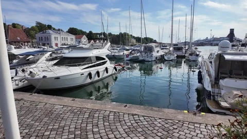 Close Harbor View between Moored Boats in Visby, Gotland, Sweden Stock Footage 347671844