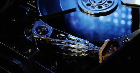Close Up Hard Disk Drive, blue in reflection. HDD. Technology, computer systems Stock Footage 78797978