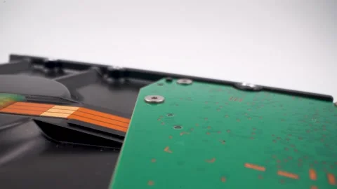 Close up of hard disk drive head and circuit board detail Stock Footage 331685247