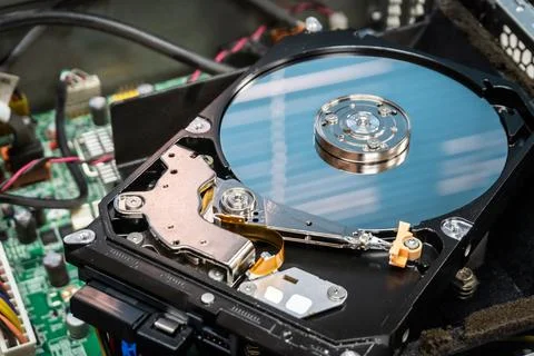 Close up of hard disk hard disk magnetic tape inside, open cover hard disk Stock Photos
