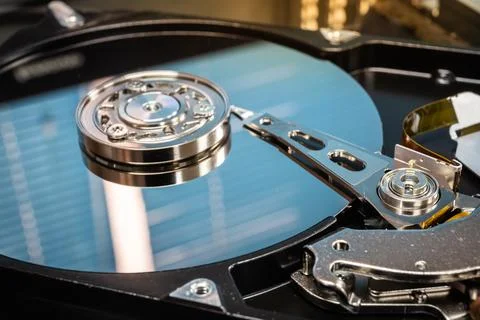 Close up of hard disk hard disk magnetic tape inside, open cover hard disk Stock Photos