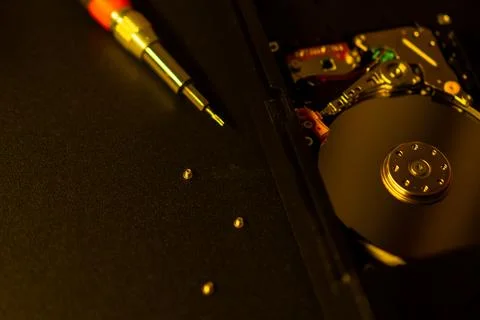 Close-up, Hard Drive, Working, Reparing, Writing, Reading. Foto stock