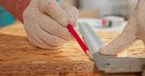 Close-up of a hardworking professional carpenter holding a angular ruler and Video stock 144068962