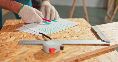 Close-up of a hardworking professional carpenter holding a angular ruler and Stock Footage 144069552