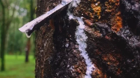 Close-Up of Harvesting Rubber Tree Sap Stock Footage 231370956