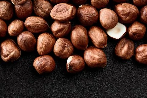 Close up of Hazelnut kernels - Food Frame Background, macro detailed close up. Stock Photos
