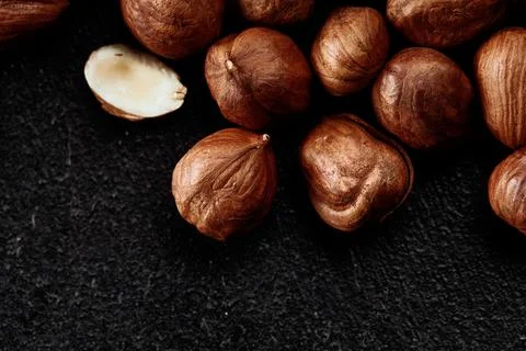 Close up of Hazelnut kernels - Food Frame Background, macro detailed close up. Stock Photos