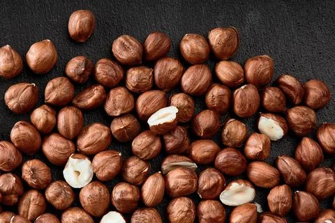 Close up of Hazelnut kernels - Food Frame Background, macro detailed close up. Stock Photos