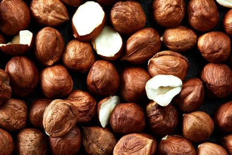 Close up of Hazelnut kernels - Food Frame Background, macro detailed close up. Stock Photos