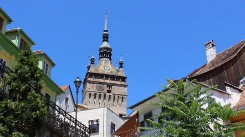 Close-Up HD Video of the ancient Clock  Tower of Sighisoara Stock Footage 98951841