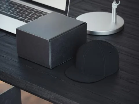 Close up of head cap and black box on table, 3d rendering. イラスト素材